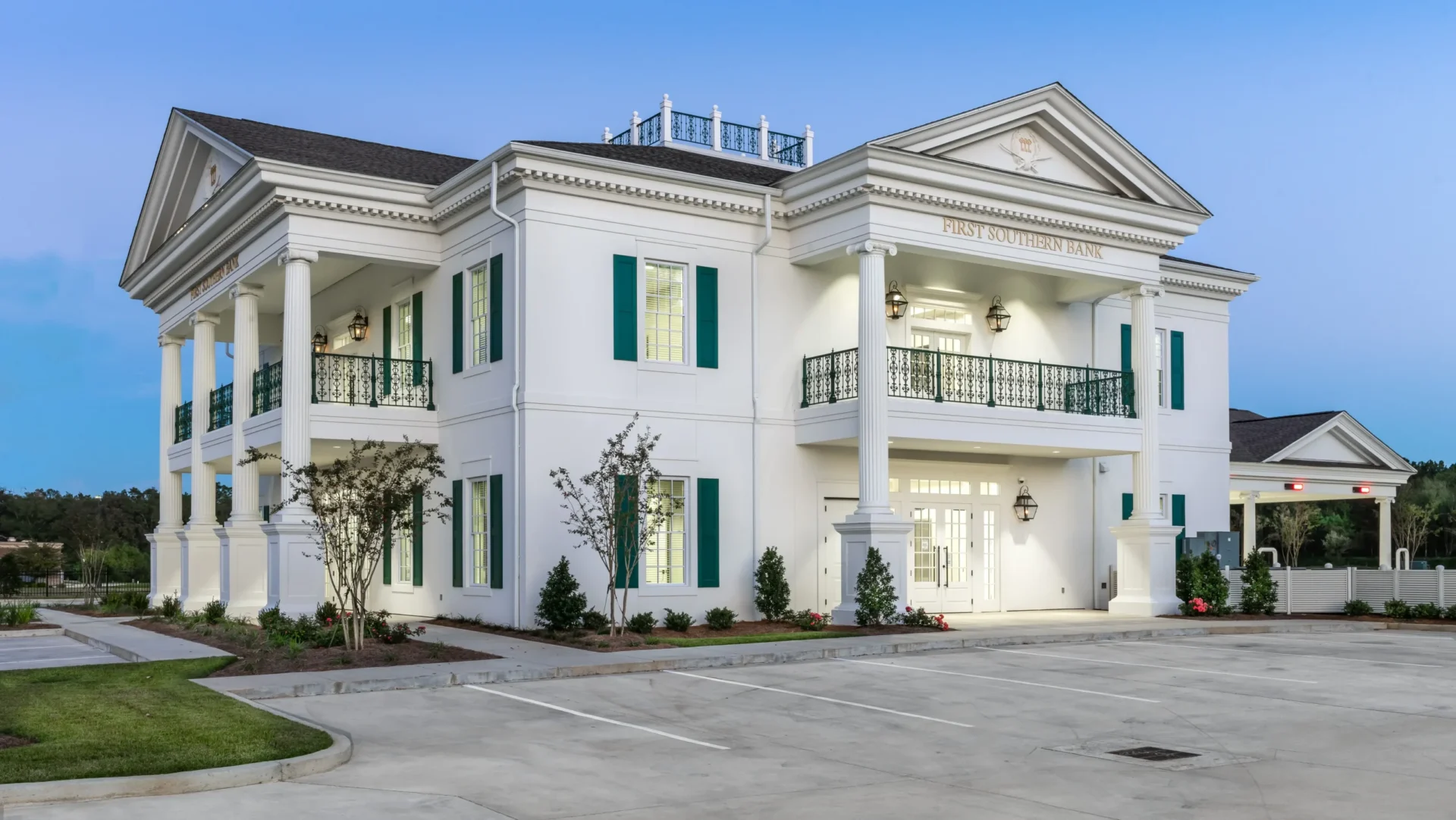 exterior view of a white first southern bank building