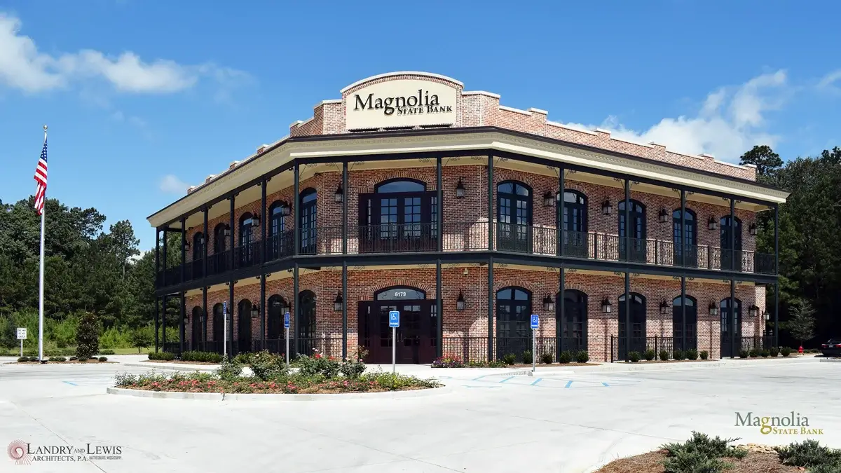front view of the outside facade of magnolia state bank in daylight