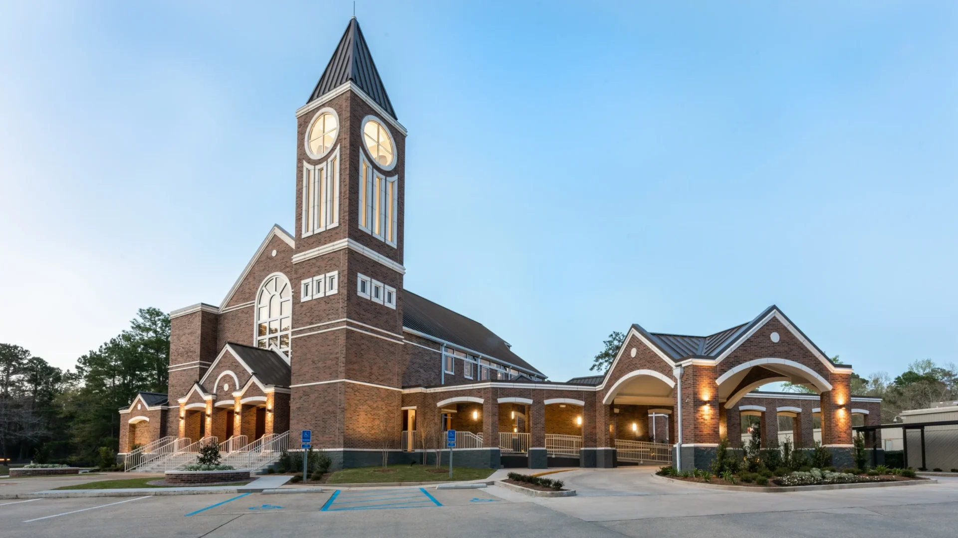 exterior day time shot of a big brick church building